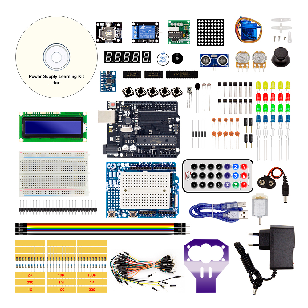 Стартовый набор Arduino UNO R3 DIP KUONGSHUN с фирменным логотипом без батарейки крона 9В с блоком питания под европейскую розетку